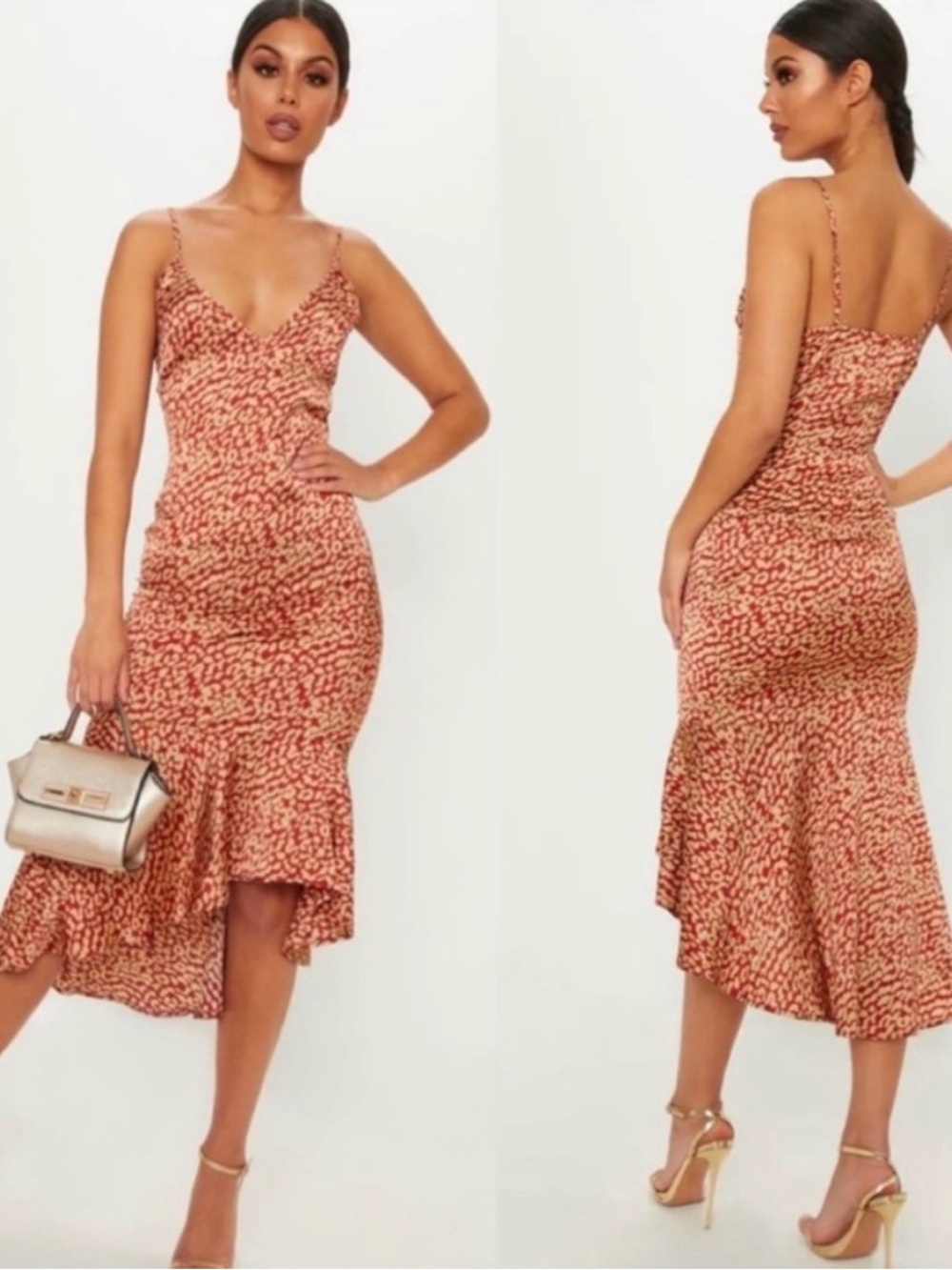 PrettyLittleThing Red Leopard Printed High-Low Slip Midi Dress NWT